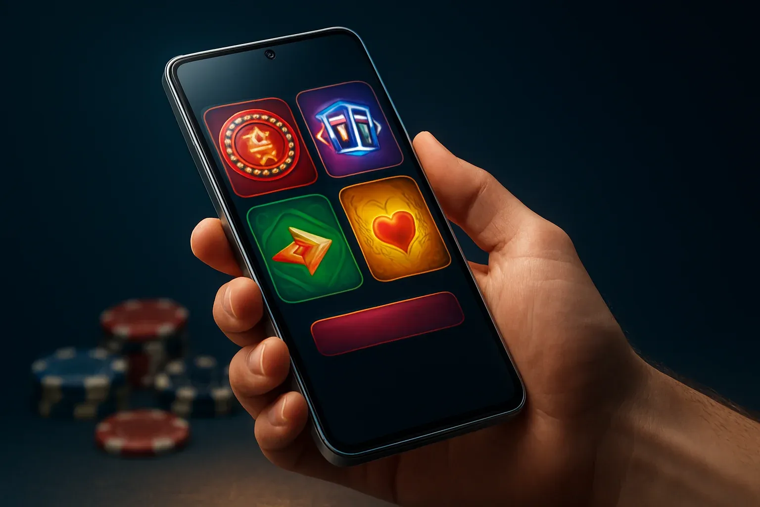 Flagship Android smartphone showing vivid casino app interface in dramatic lighting