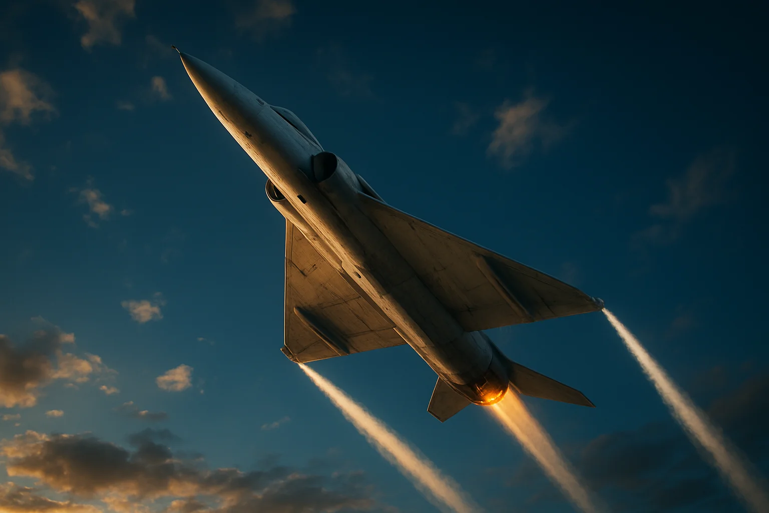 Sleek white jet aircraft climbing steeply in dramatic blue sky