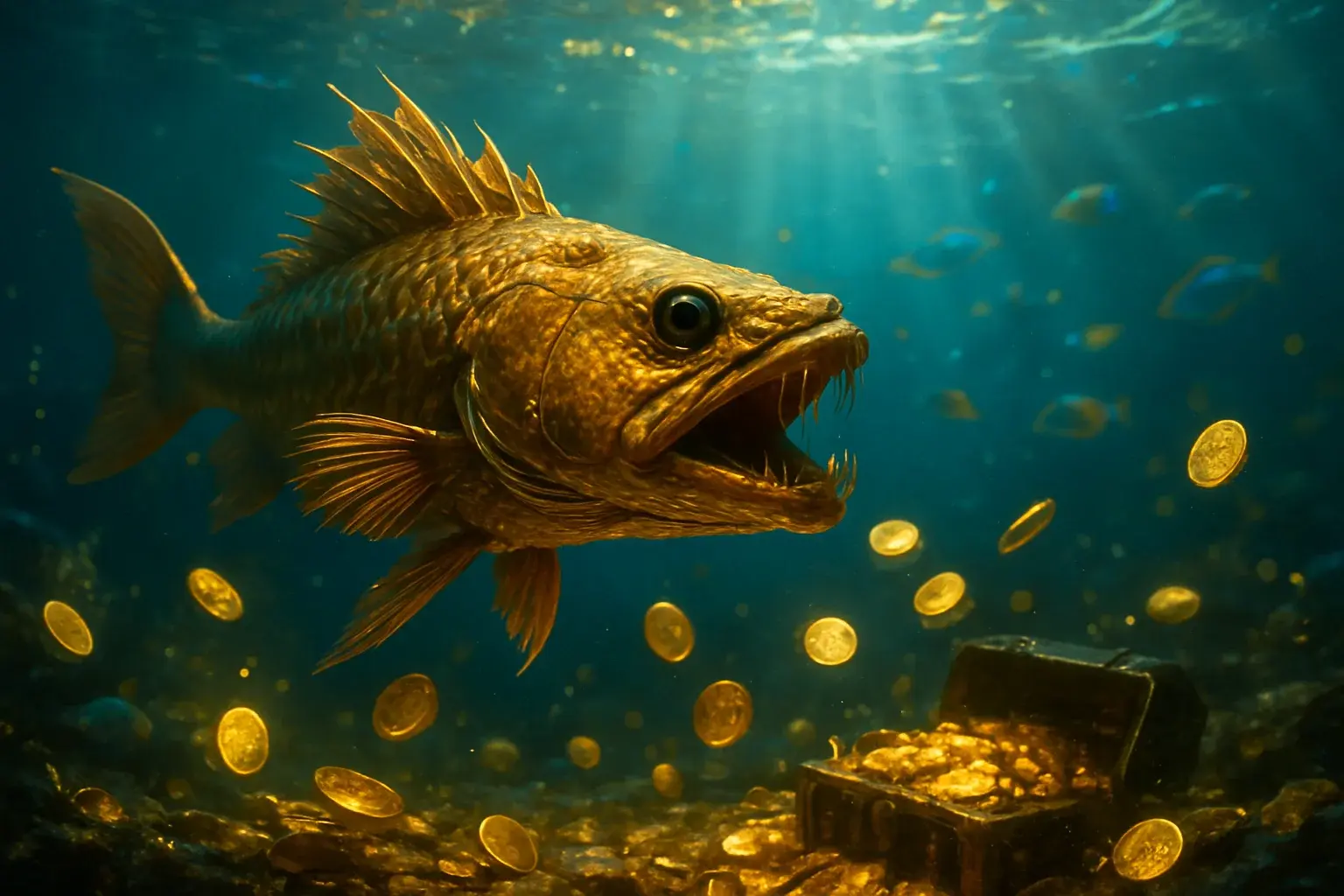 Massive golden dragon fish underwater with coins, treasure, and tropical fish