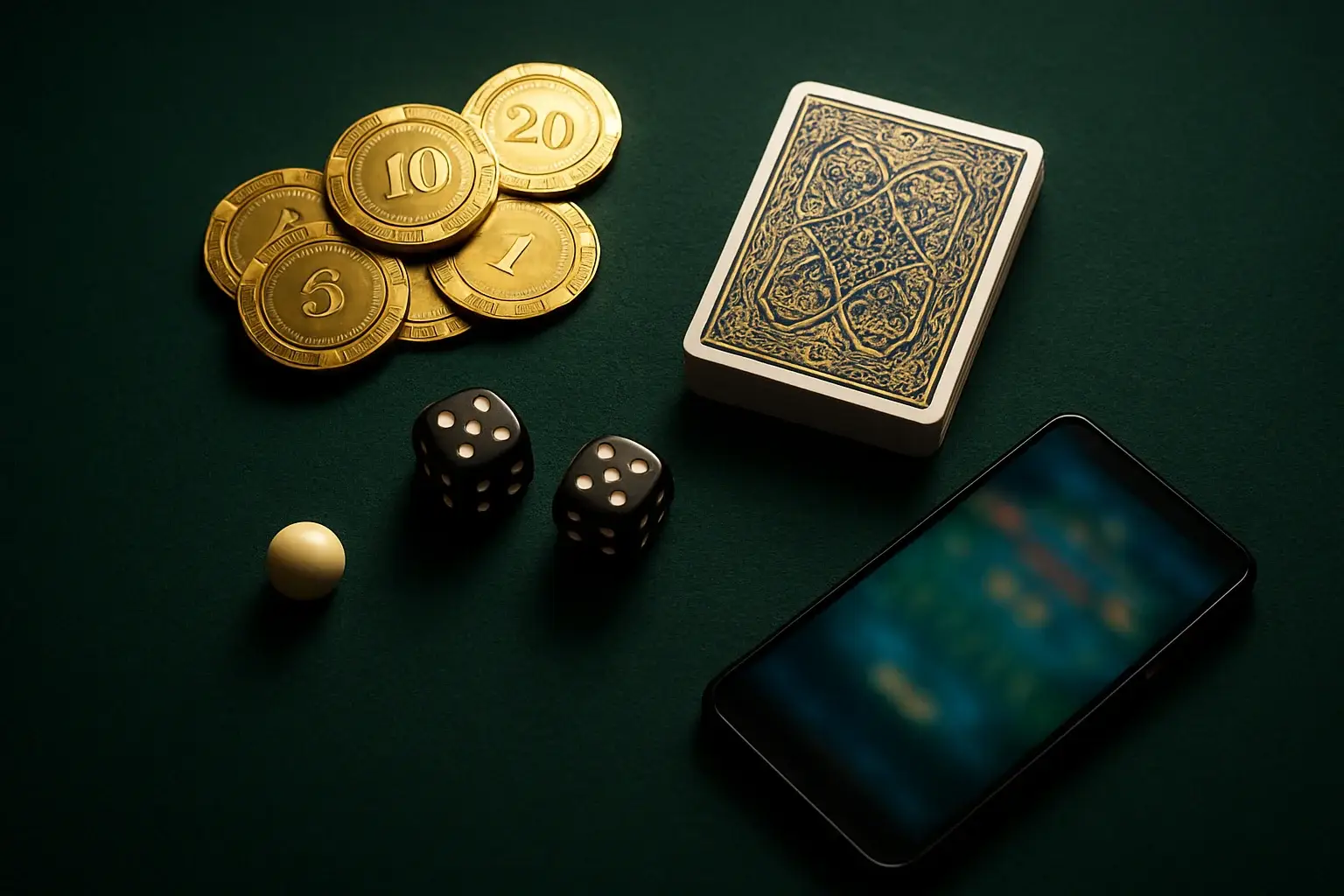 Top-down premium casino table with chips, cards, dice, roulette ball, smartphone