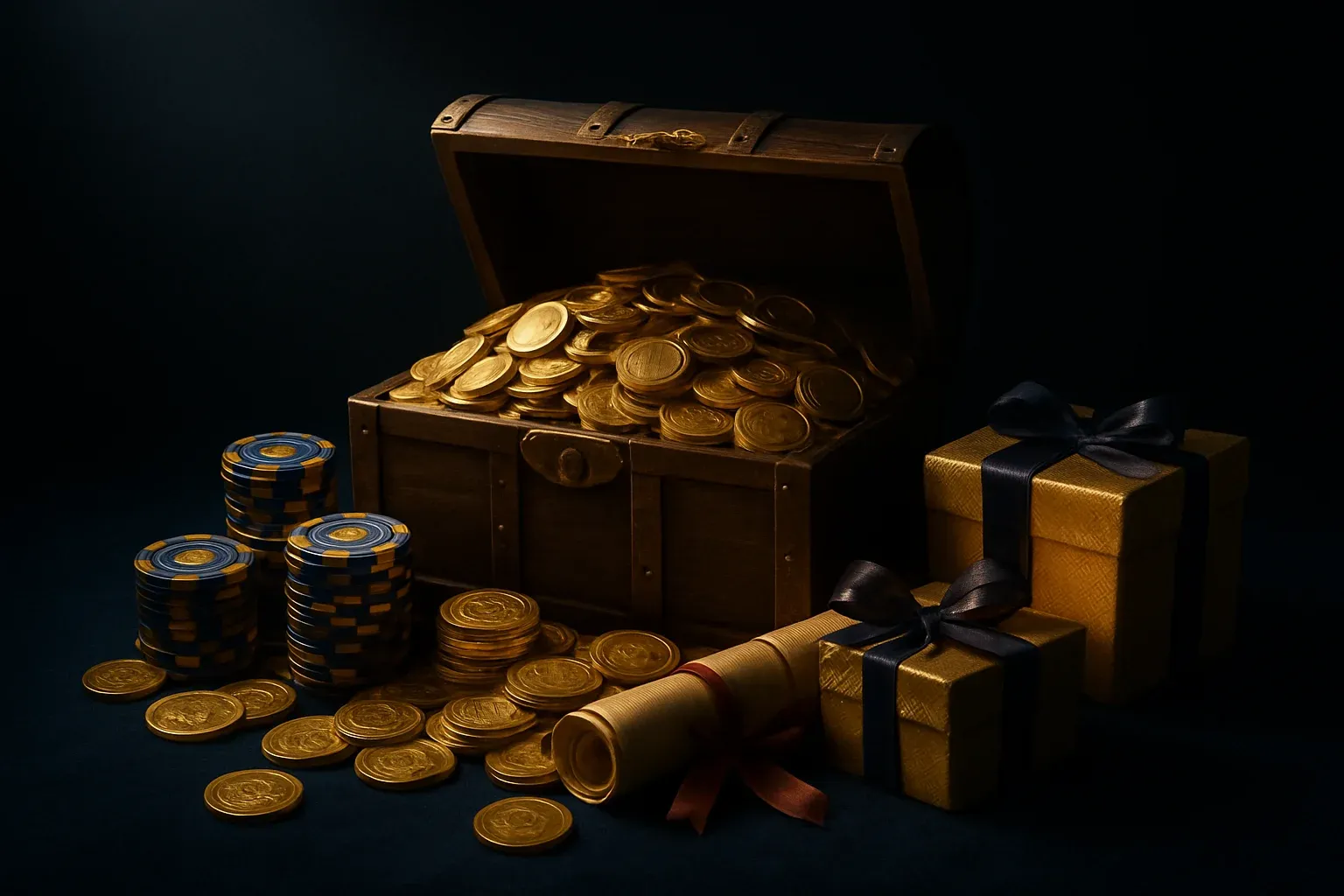 Overflowing treasure chest with gold coins, casino chips, vouchers, and gift boxes