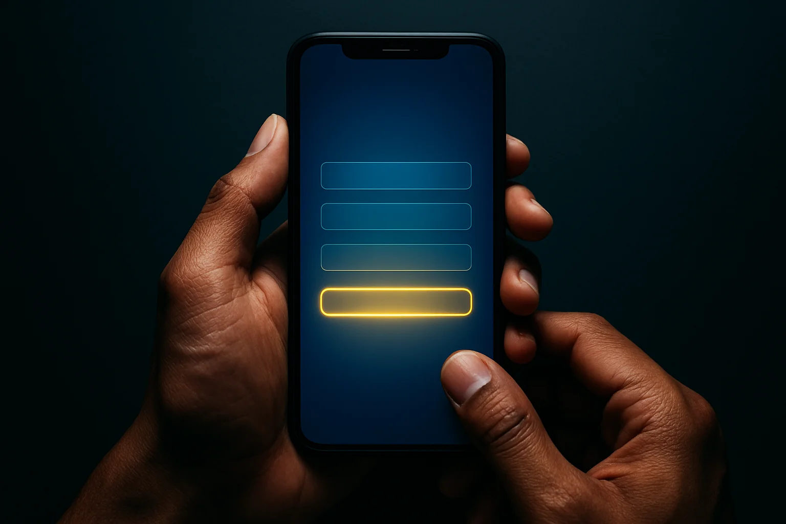 Filipino man's hands holding smartphone with glowing registration interface