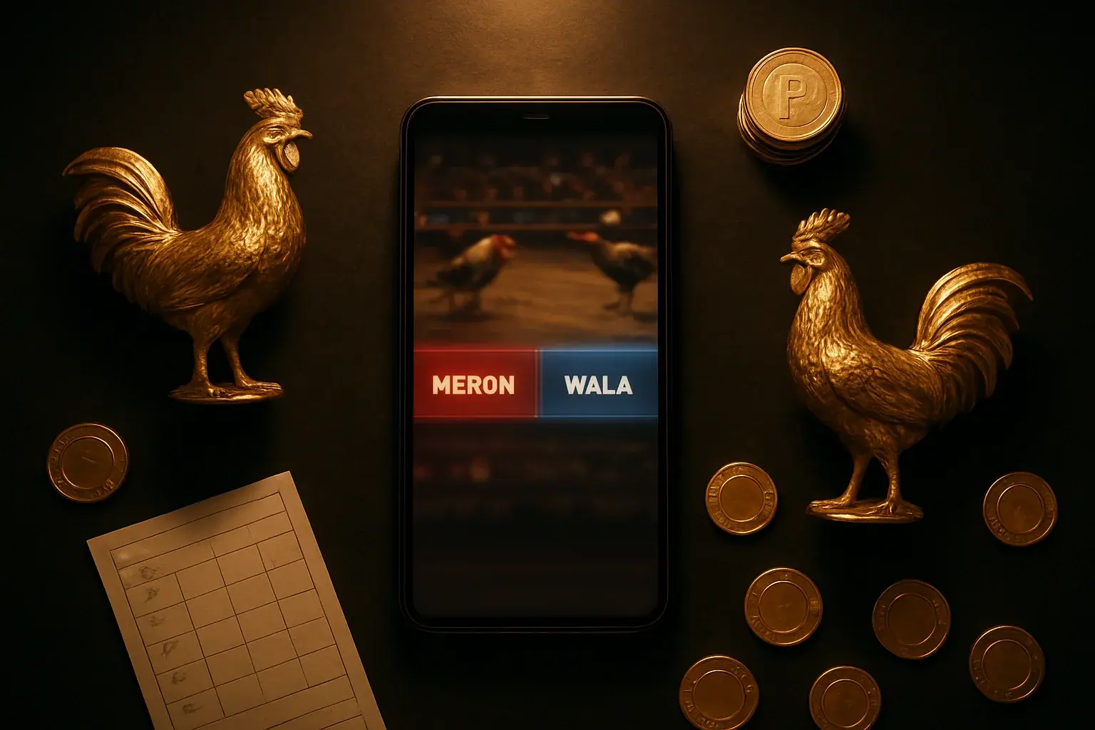 Smartphone with sabong betting interface, golden roosters, coins, and chips
