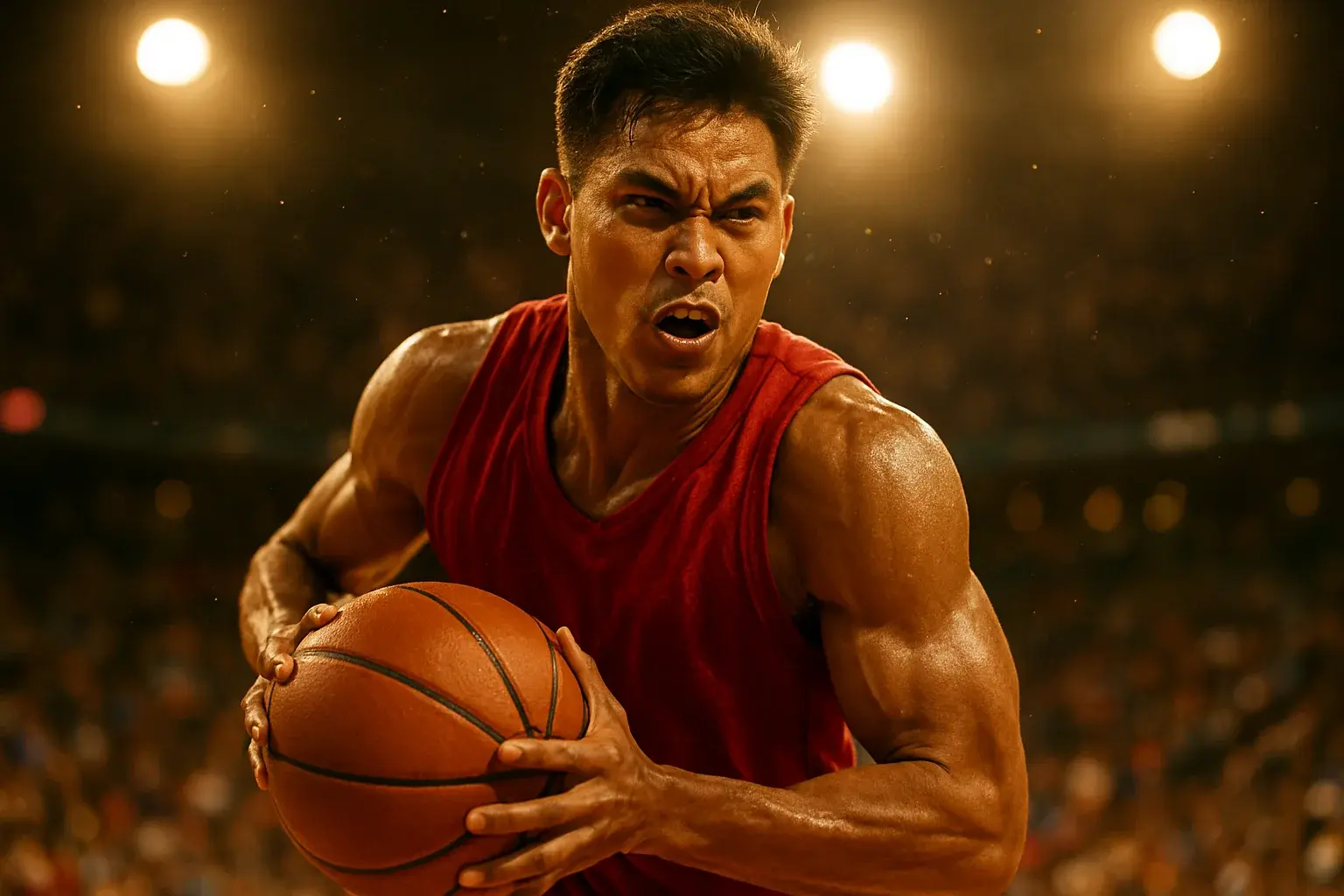 Filipino PBA basketball player driving mid-air toward basket in arena